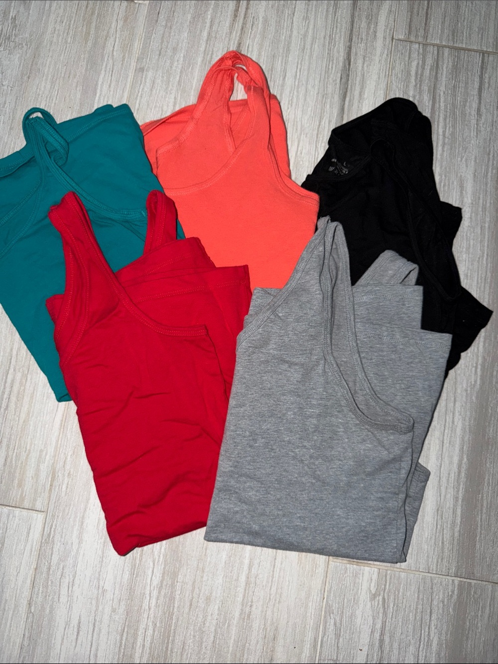 5 stretchy Women’s Lightweight layering Tank Tops - large orange teal grey red